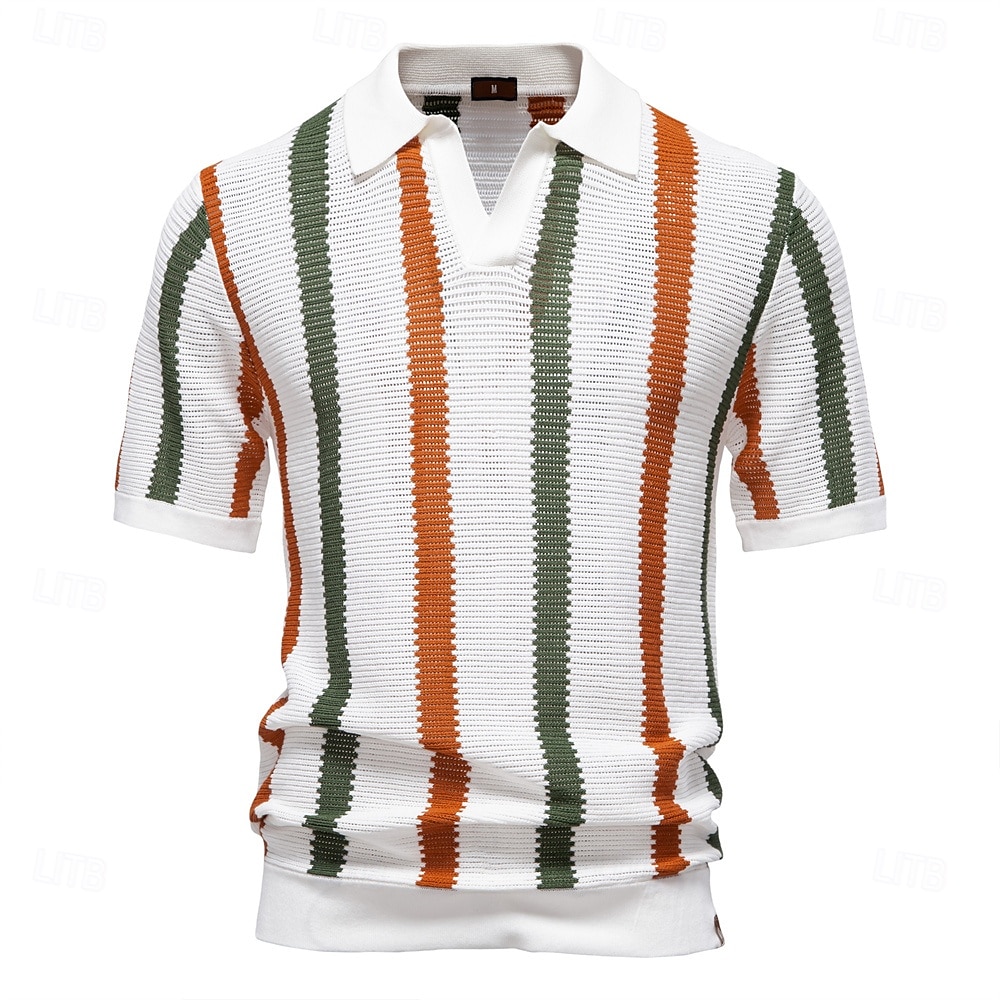 Herren Polo Strick-Polopullover Formell Arbeit Möwenhalsband Kurzarm Gestreift Vertikale Streifen Stripe-Trim Streifen Frühling Weiß Polo 2025 - $30.99 –P1