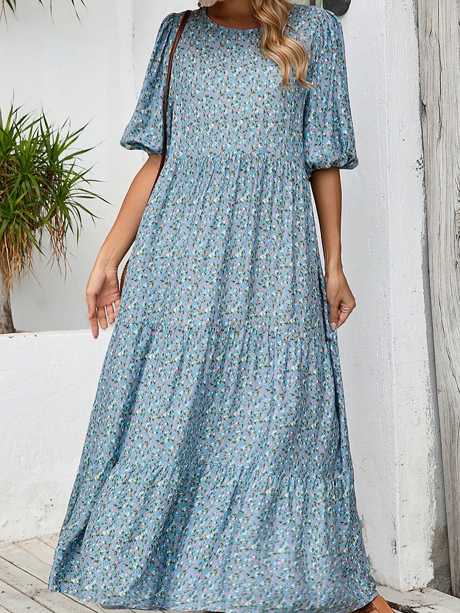 Women's Maxi Dress Puff Sleeve Dress Casual Lantern Sleeve Vacation Casual Daily Regular Fit Graphic 3/4 Length Sleeve Crew Neck Light Blue Summer 2025 - $36.99 –P5