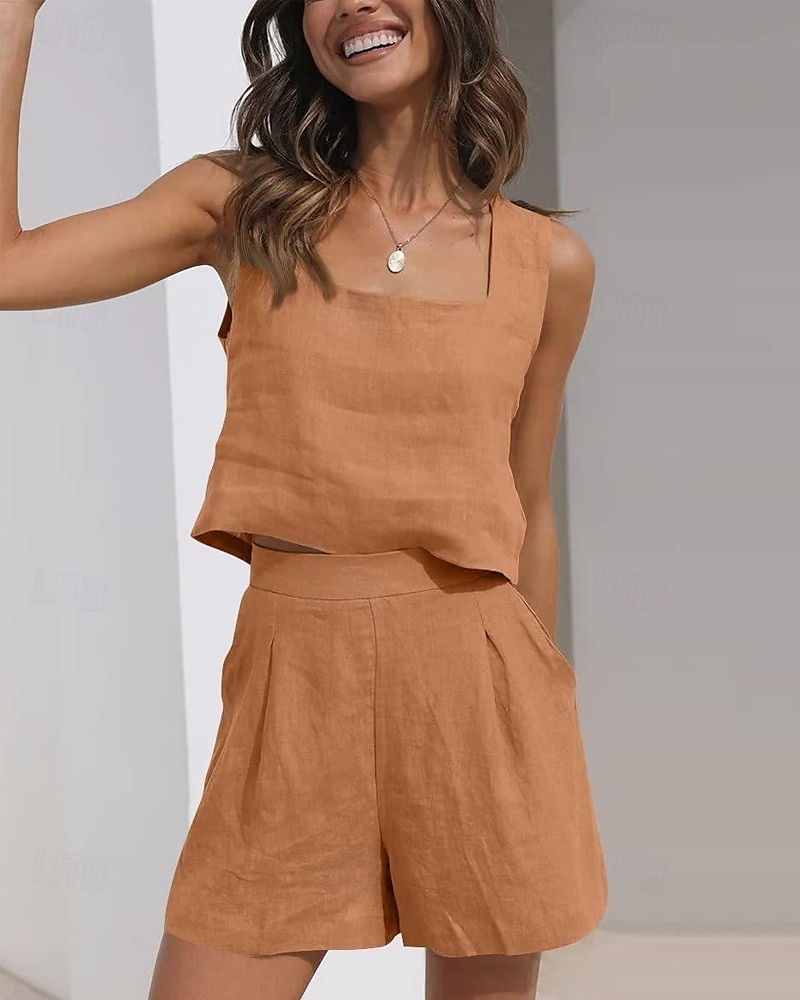 Damen Mode Streetwear Hemd Baumwoll-Leinen-Sets Zweiteilige Sets Leinenhosen Baggy-Shorts Ärmellos Quadrathals Einfarbig Alltagskleidung Date Schwarz Braun Khaki Sommer Normale Passform 2025 - $26.99 –P2