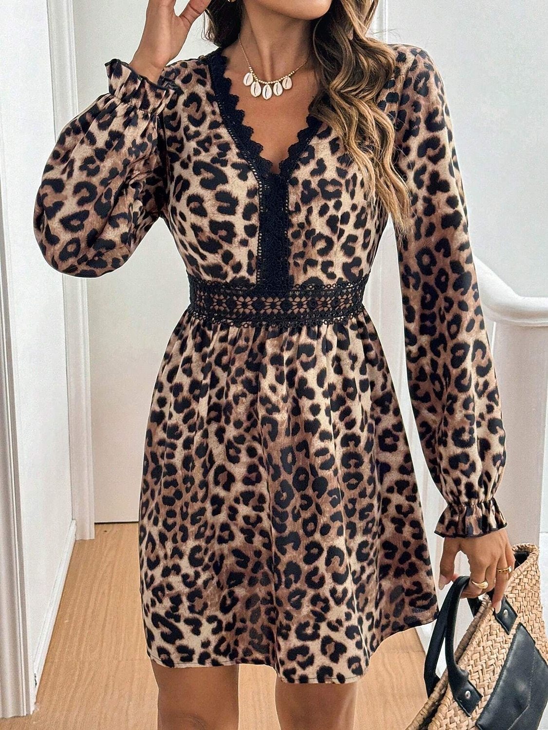 Damen Minikleid Casual kleid A Linie Kleid Boho-Kleid Stilvoll Brautkleider schlicht Urlaub Täglich Regular Fit Leopard Langarm V Ausschnitt Braun Sommer 2025 - $33.99 –P5