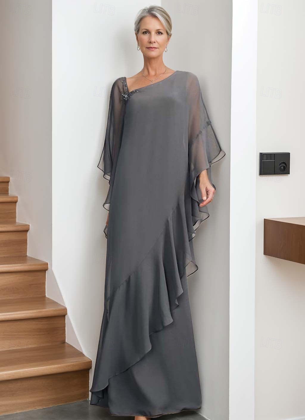 Sheath / Column Mother of the Bride Dress Elegant Vintage Simple Asymmetrical Neck Floor Length Chiffon Long Sleeve with Beading Ruffles Cascading Ruffles 2025 - $174.99 –P1