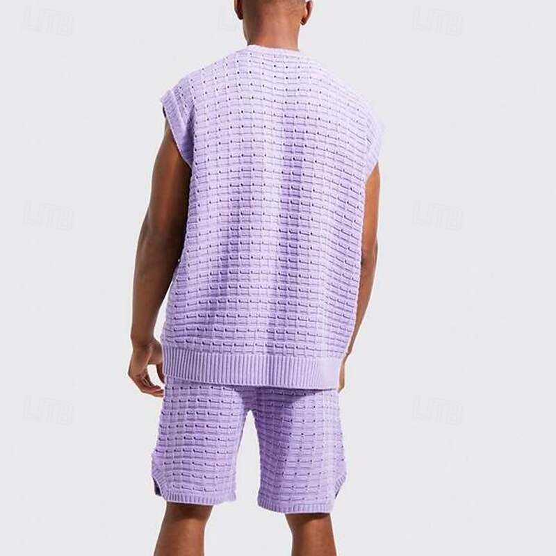 Homens Conjunto de shorts e camiseta Conjunto de T Sem Manga Crewneck Côr Sólida Roupa de Malha Tricotado Férias Roxo Bege Top Tee para Homens de 2025 por $40.99 –P5