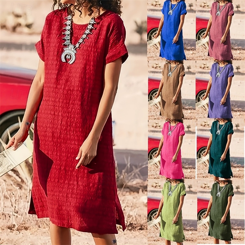 Mulheres Vestido Longo Vestido Maxi Vestidos inspirados em linho Vestido casual Vestido de linho de algodão à moda Casual Férias Diário Encontro Normal Tecido Manga Curta Gola Redonda Preto Vermelho de 2025 por $26.99 –P1