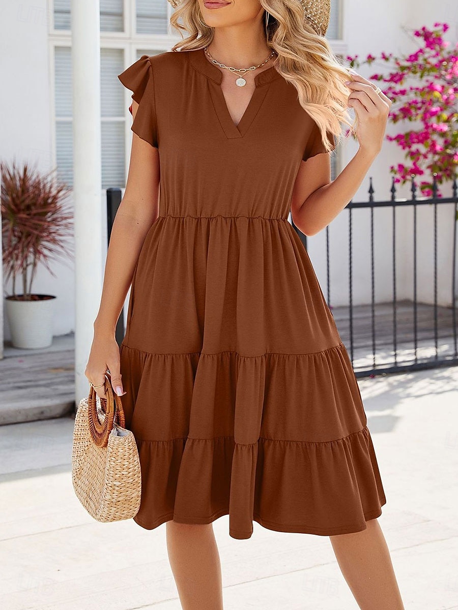 Damen kleid lang Casual kleid Elegant Stilvoll Basic Urlaub Arbeit Casual Regular Fit Glatt Kurzarm V Ausschnitt Dunkel Braun Rosa Dunkelgrün Aprikose Sommer Frühling 2025 - $36.99 –P9