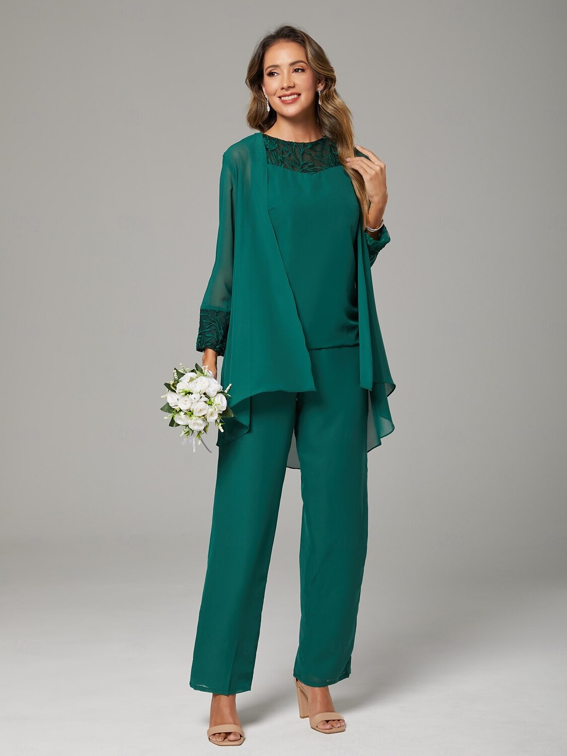 Jumpsuit / Pantsuit Mother of the Bride  Wrap Included Jewel Neck Floor Length Chiffon Lace 3/4 Length Sleeve with Beading 2025 - $176.99 –P3
