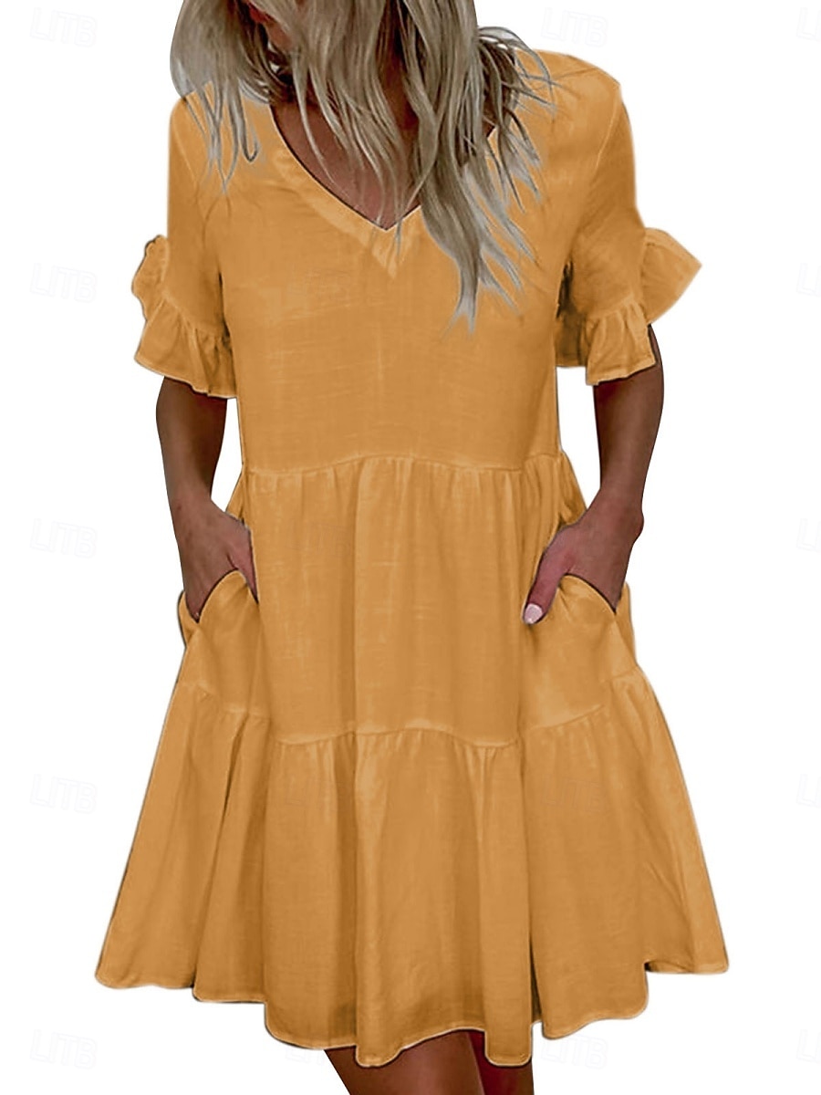 Damen Minikleid Weißes Kleid Casual kleid Rüschenkleid Kleid mit Puffärmeln Basic Brautkleider schlicht Urlaub Täglich Regular Fit Glatt Ärmellos V Ausschnitt Weiß Gelb Blau Sommer 2025 - $21.99 –P8