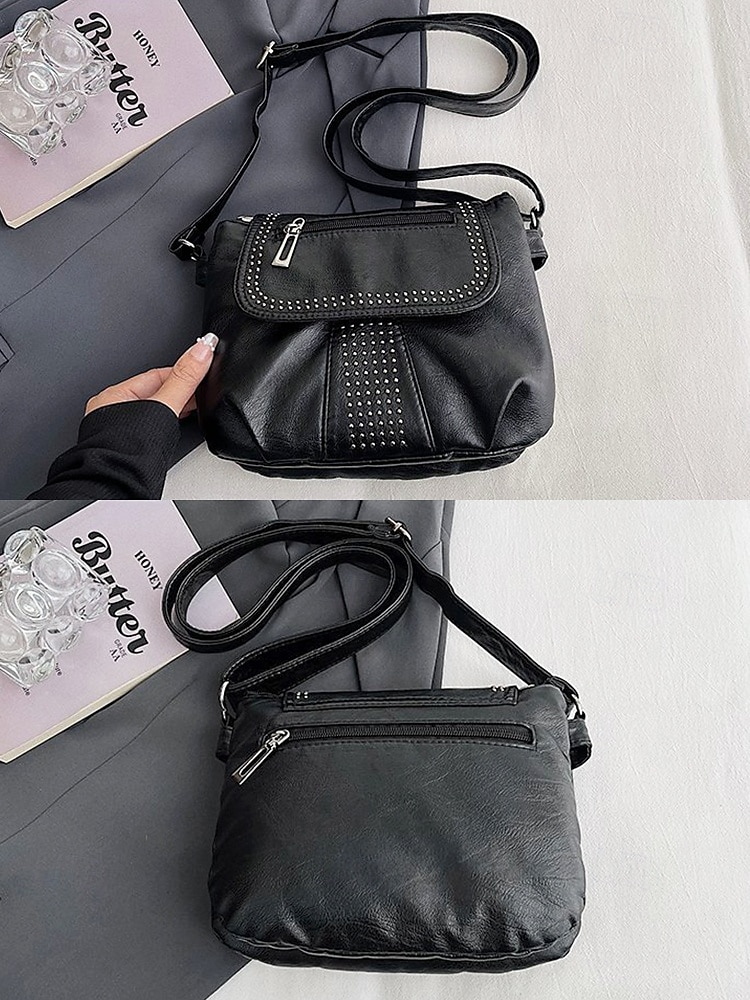 brun crossbody-väska i konstläder med dubbdetaljer – avslappnad, trendig handväska för vardagsbruk, shopping och utflykter svart röd blå 2025 - $19.99 –P3