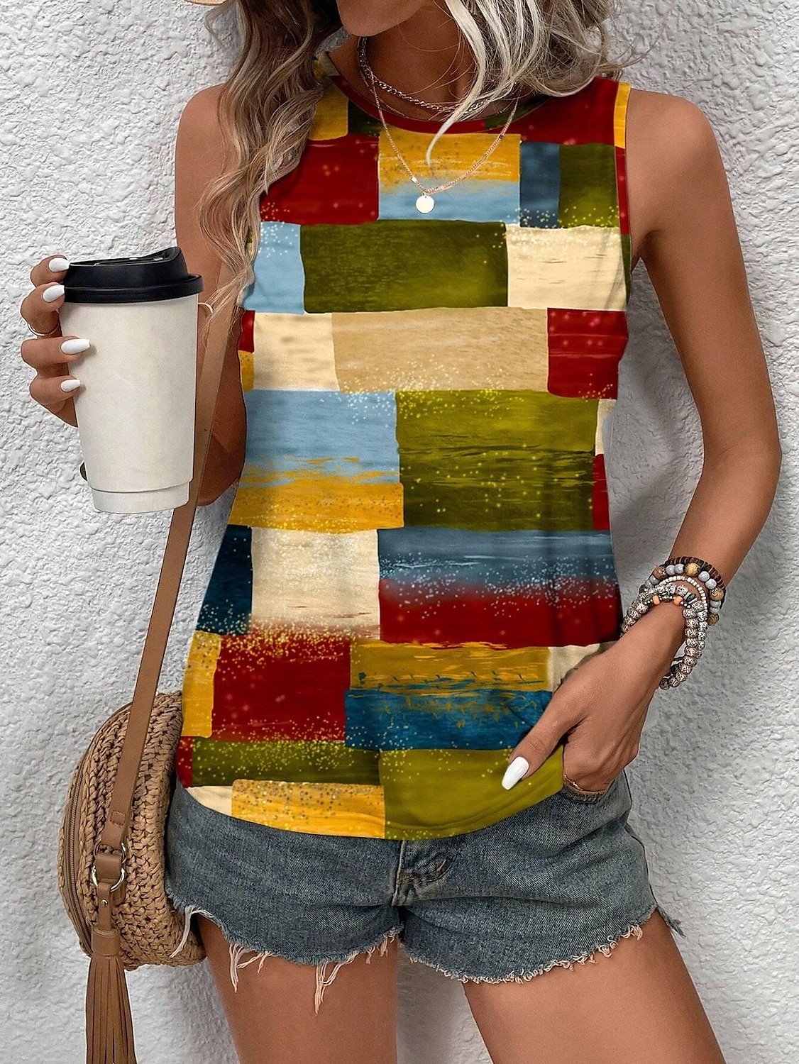 Damers Spaghetti Tank Top Geometrisk Stilren Avslappnad Ärmlös Crew Neck Regelbundna Toppar Daglig Tryck Gul Sommar 2025 - $17.99 –P1