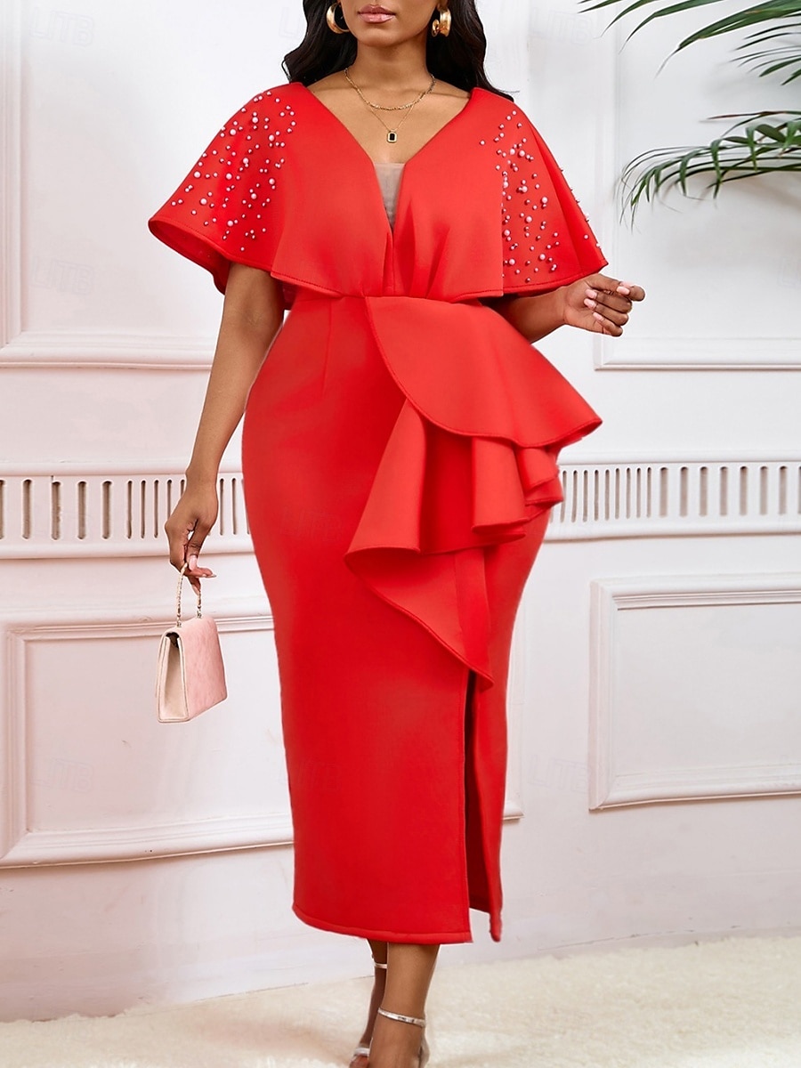 Kentucky Derby Damen Midi Kleid Bodycon Kleid Puffärmel Kleid Elegant Formal Cocktail Formal Party Hochzeitsgast Reguläre Passform Grafisch Kurzarm V-Ausschnitt Schwarz Weiß Gelb Rot Sommer 2025 - $49.99 –P2