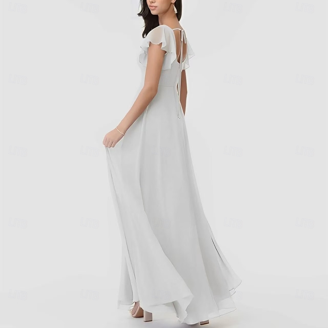 Linha A Vestido de Madrinha Scoop pescoço Manga Curta Elegante Longo Chiffon / Elastano com Fru-Fru / Pregueado / Fenda Frontal 2022 de 2025 por $155.99 –P2