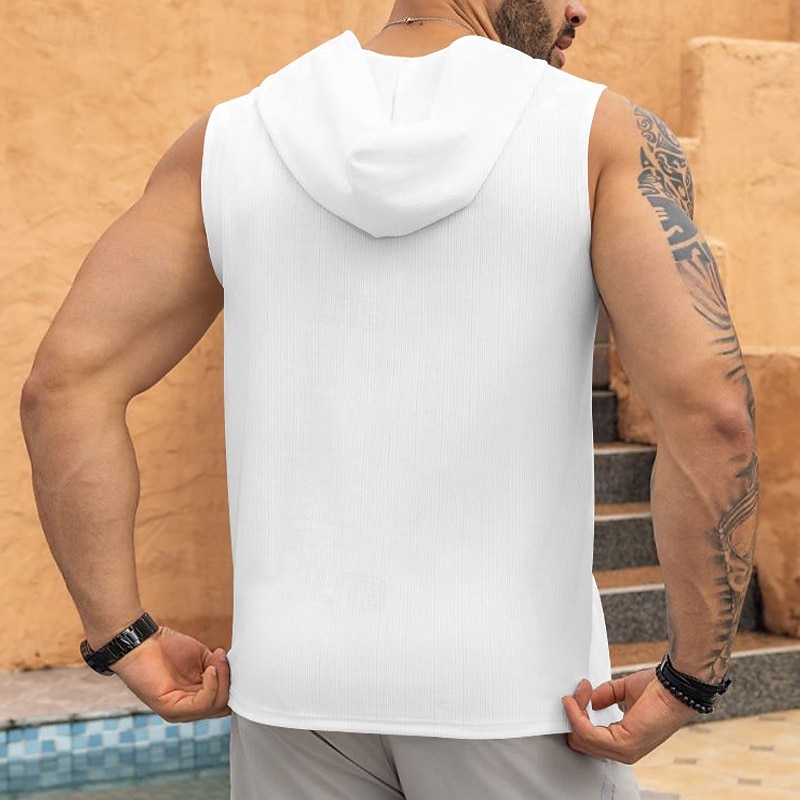 Homens Malha Íntima Moletom sem mangas camisa sem manga Sem Manga Com Capuz Verão Pit Strip Moda Designer Músculo Cordões Bolsos Ao ar livre Ginásio Preto Branco cáqui Top Tee para Homens de 2025 por $17.99 –P5