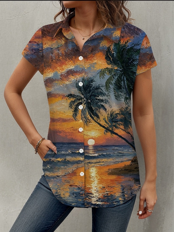 Women's Shirt Leaf Tree Hawaiian Tropical Hawaiian Short Sleeve Shirt Collar Regular Tops Buttons Print Sage Green Summer 2025 - $25.99 –P1