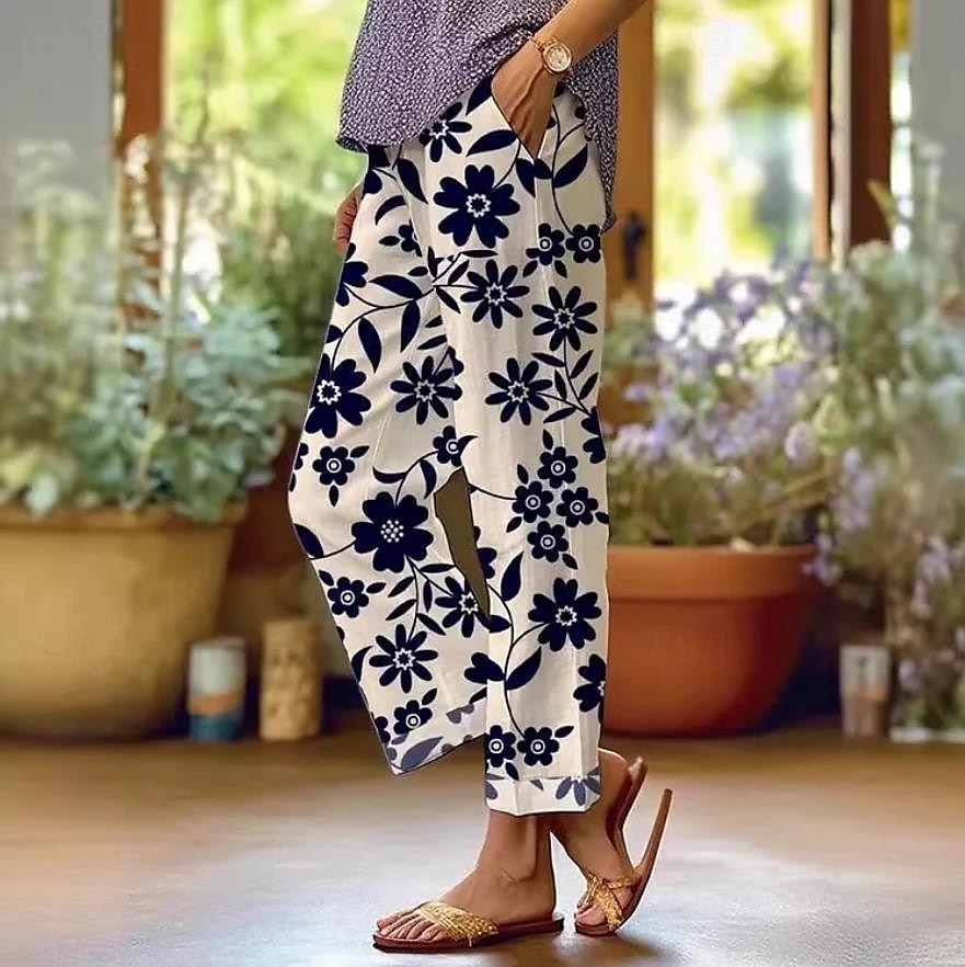 Dam bomullslinne byxor Baggy byxor Linne-liknande Mode Streetwear Hela längden Hög midja Blomster grafiskt tryck Termisk Varm Andningsbar Mjuk Mikroleastisk Utomhus Daglig 2025 - $32.99 –P1