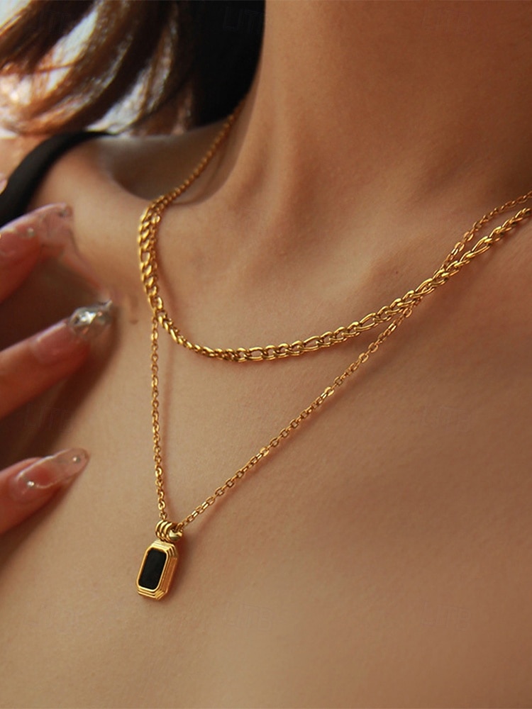 Collier à double chaîne multicouche pour femme avec pendentif rectangulaire noir - peut être porté séparément, bijoux élégants pour femmes, adaptés aux occasions formelles et décontractées de 2026 ? $11.99 –P3