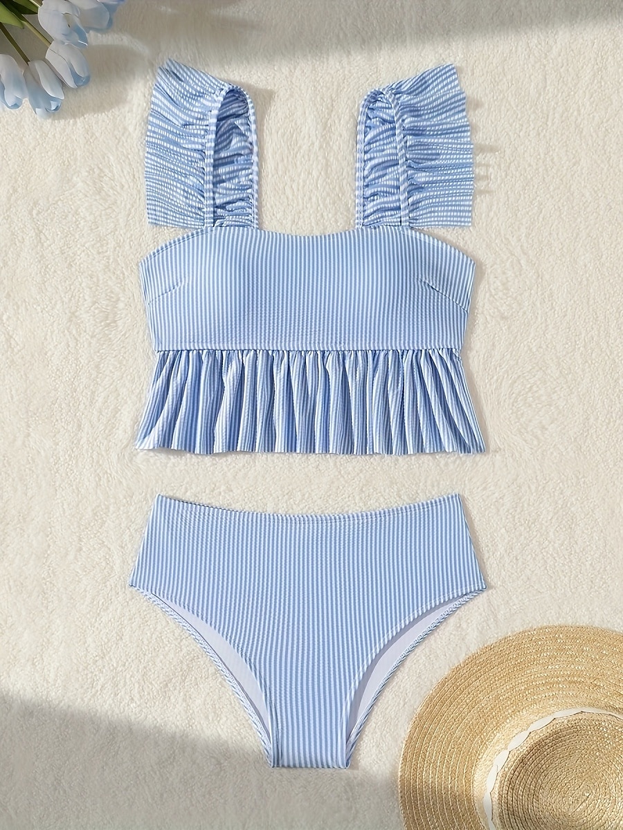 Dames Zwemkleding Bikini 2 stuks Onderbroeken Zwempak Blote rug Slank Hoog getailleerd Vakantie Strand Kleding Streep Mouwloos Badpakken 2025 - $31.99 –P2