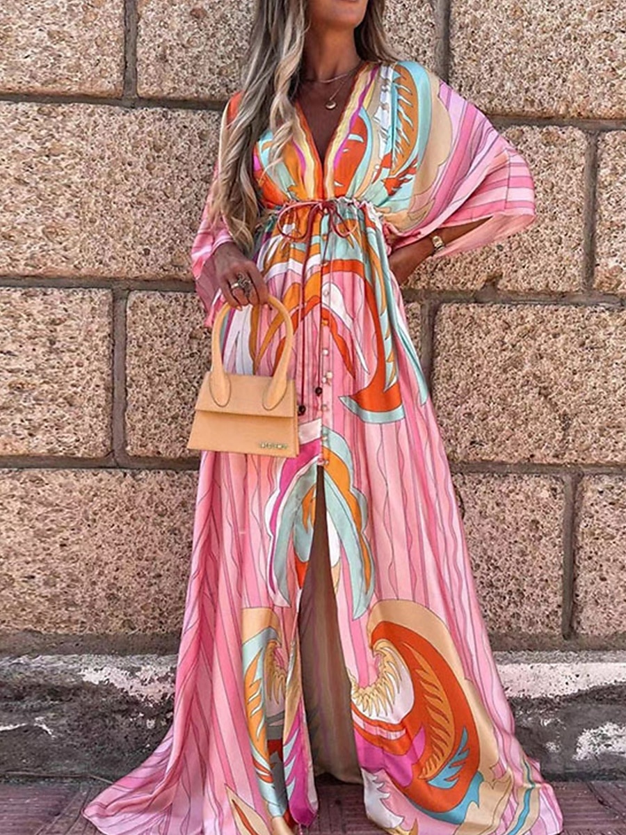 Dam Maxiklänning Wrapklänning Solklänning A linjeklänning Fit And Flare Klänning Semester Semester Dagligen Normal Blommig Långärmad V-hals Rodnande Rosa Orange Grön Mörkblå Sommar 2025 - $31.99 –P6