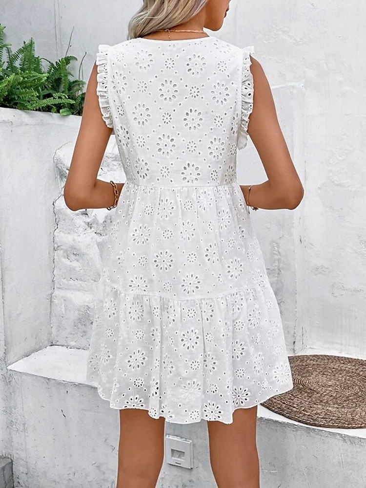 Dam Midiklänning Examensklänning Nivåklänning Boho-klänning Elegant Holk Dagligen Utekväll Festival Normal Broderi Ärmlös V-hals Vit Sommar Vår 2025 - $24.99 –P2