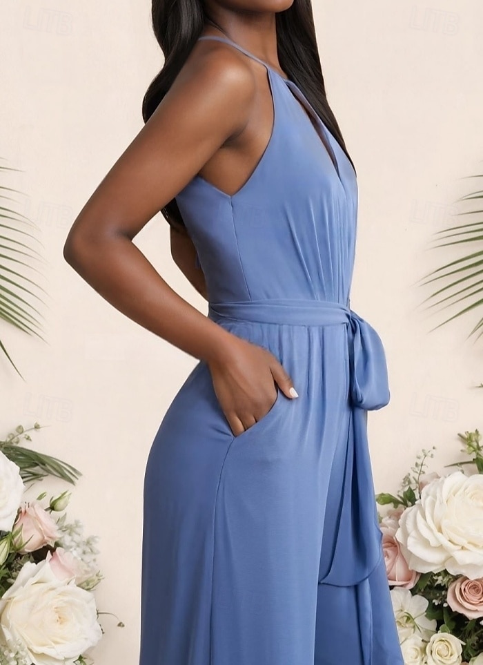 Jumpsuits Bridesmaid Dress Jewel Neck Sleeveless Elegant Floor Length Stretch Fabric with Sash / Ribbon / Ruching 2025 - $163.99 –P3