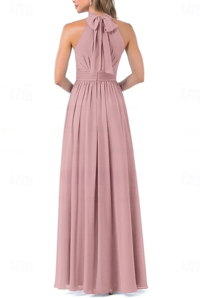 Robe de demoiselle d'honneur A-Line col halter manches courtes élégante longueur de sol chiffon avec plis  fente avant  fronces de 2025 ? $160.99 –P2