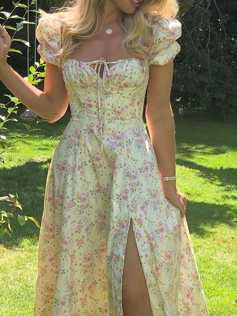 Per donna Vestito longuette Abito a corsetto Abito linea A Abito da lattaia Abito con maniche a sbuffo Festività Da mare Giornaliero Standard Floreale Manica corta Squadrata Bianco Giallo Rosa Blu del 2025 a $23.99 –P2