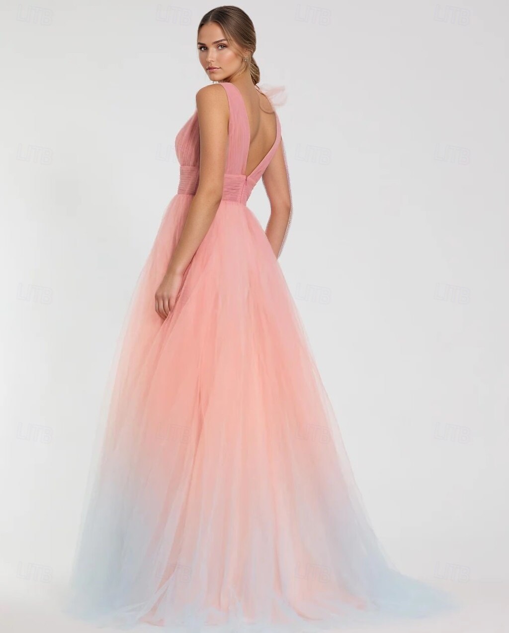 Pink Ball Gown A-Line Prom Dresses Elegant Dress Formal Wedding Floor Length Sleeveless V Neck Tulle with Shouder Flower 2025 2025 - $170.99 –P1