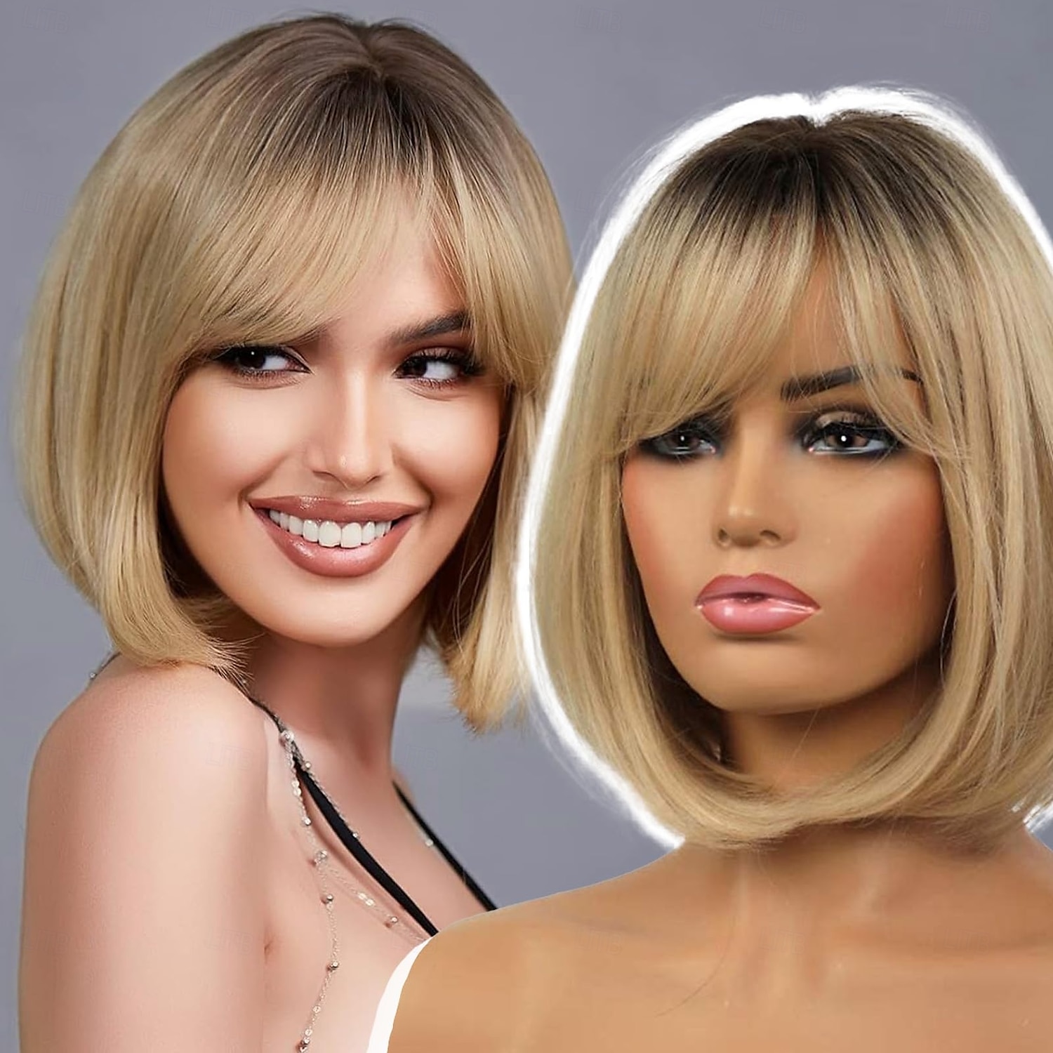 peruca bob com franja perucas curtas bob para mulheres peruca loira curta com raízes escuras peruca sintética resistente ao calor aparência natural para uso diário festa e cosplay de 2025 por $26.99 –P1