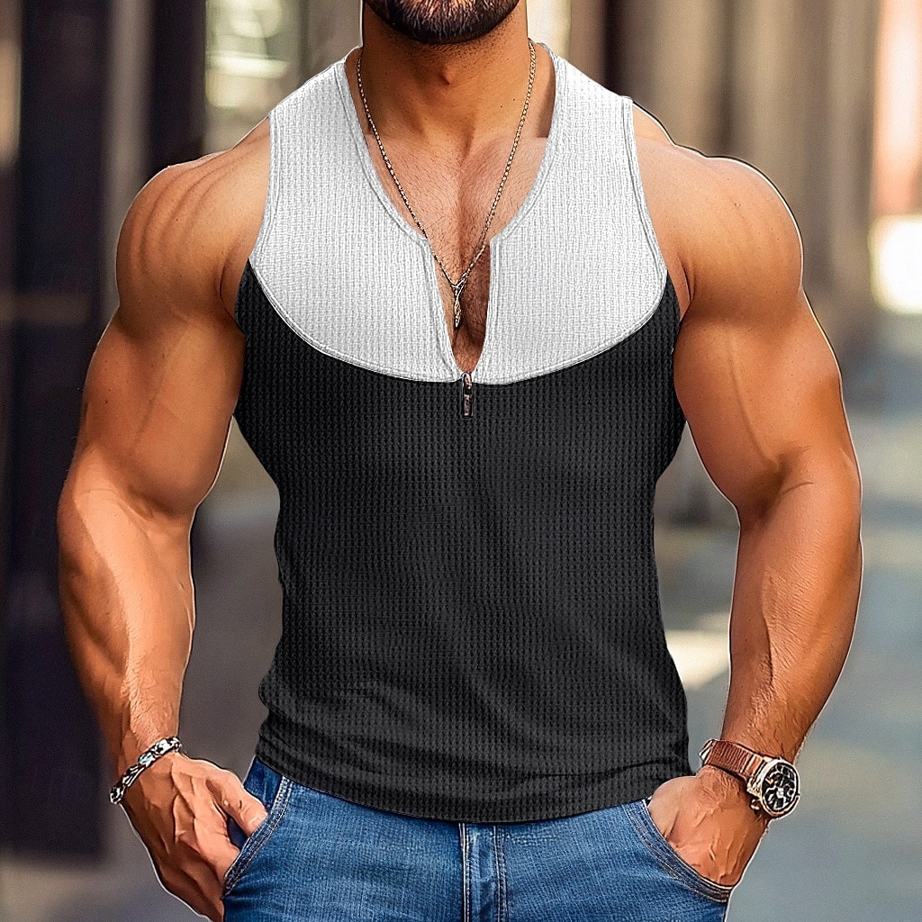 Men's Waffle Tank Top Tank Top Vest Undershirt Sleeveless V Neck Summer Patchwork Fashion Classic Comfortable Zipper Street Casual Sports Black White Orange Top Tee for Men 2025 - $17.99 –P6