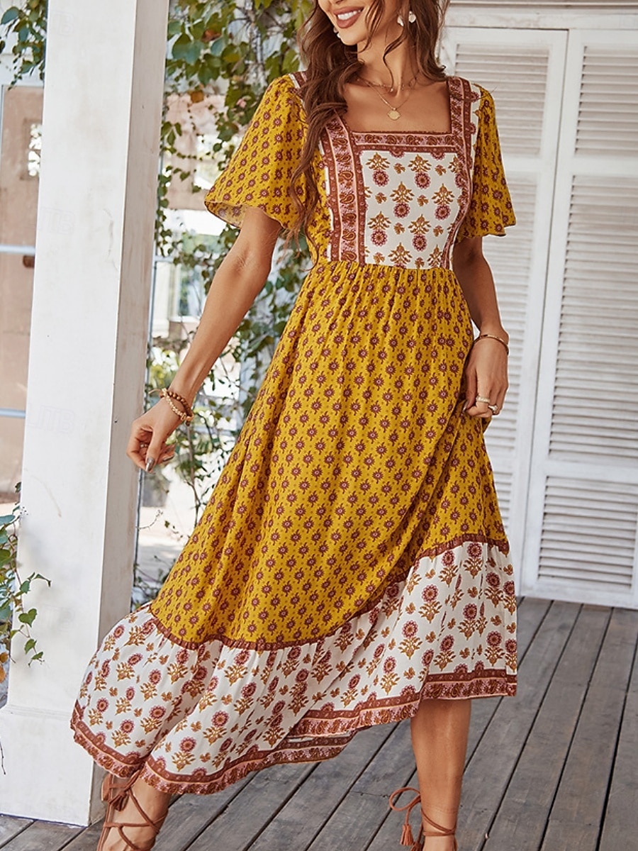 Damskie Sukienka maxi Codzienne sukienki Sukienka rozkloszowana Sukienka A line Elegancki Codzienny Urlop Codzienny Regularny Kwiaty Krótki rękaw Kwadratowy dekolt Żółty Rumiany róż Pomarańczowy 2025 - $33.99 –P9