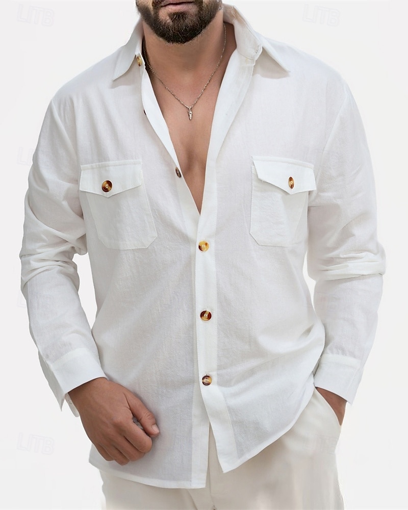 Men's Shirt Linen Shirt Casual Shirt Button Up Shirt Cotton Shirt Plain Vacation Hawaiian Black White Pink Beige Long Sleeve Lapel Summer Spring Clothing Apparel Front Pocket 2025 - $32.99 –P1
