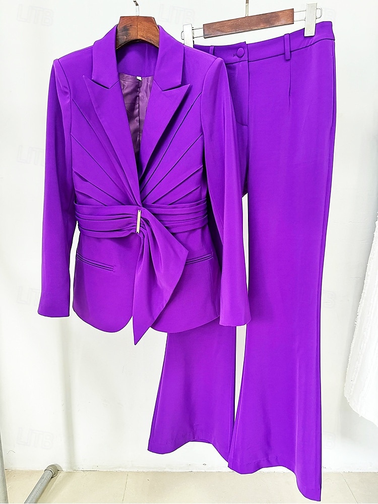 Completo madre della sposa a due pezzi elegante minimalista colletto camicia lunghezza al pavimento in tessuto elasticizzato manica lunga con volant colore solido 2025 del 2025 a $159.99 –P5