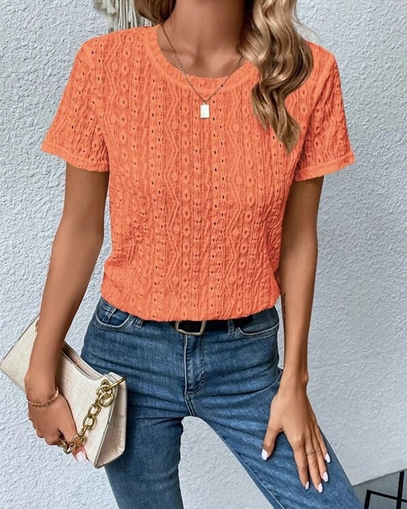 Жен. Блуза Ушко сверху Кружевные топы Полотняное плетение Повседневные Стиль Классический С короткими рукавами Вырез под горло Обычные топы Офис Повседневные Праздники С отверстиями 2025 - $21.99 –P9