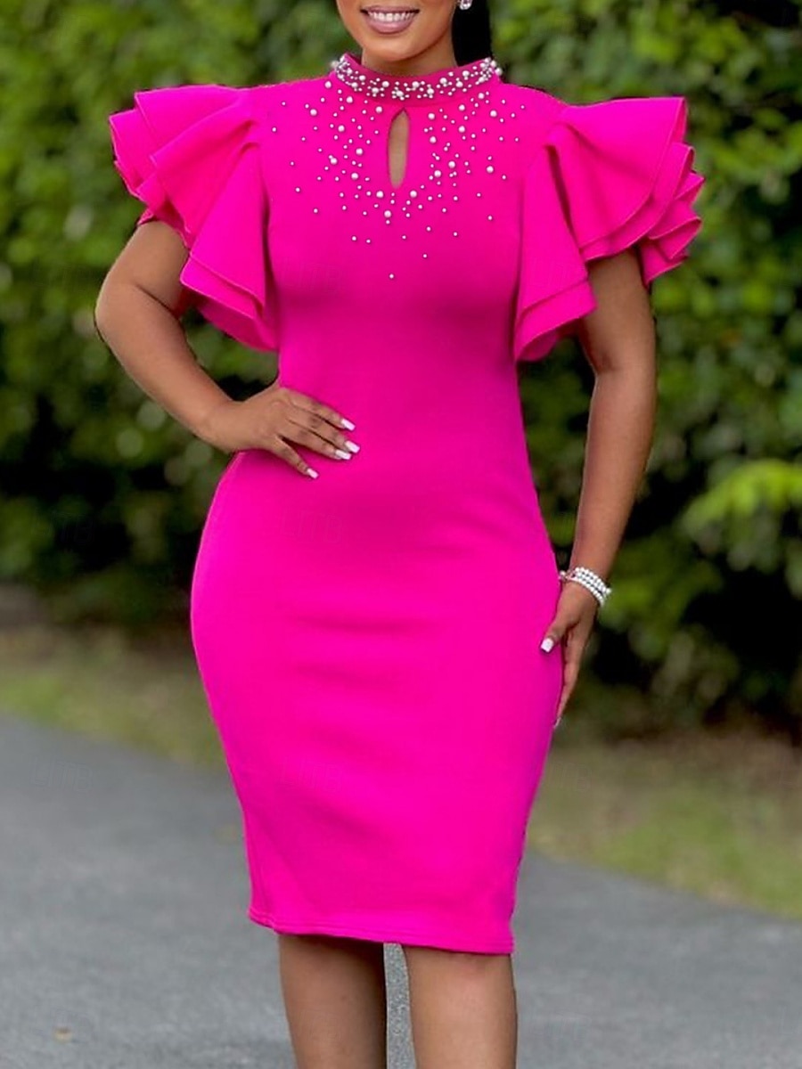Dames Halflange jurk Gala jurk Feestjurk Satijnen Jurk Bruiloft gast jurk Elegant Formeel Feest Bruiloft gast Verloving Normale pasvorm Effen Korte mouw Coltrui Zwart Wit Blozend Roze Rood Zomer 2025 - $55.99 –P5