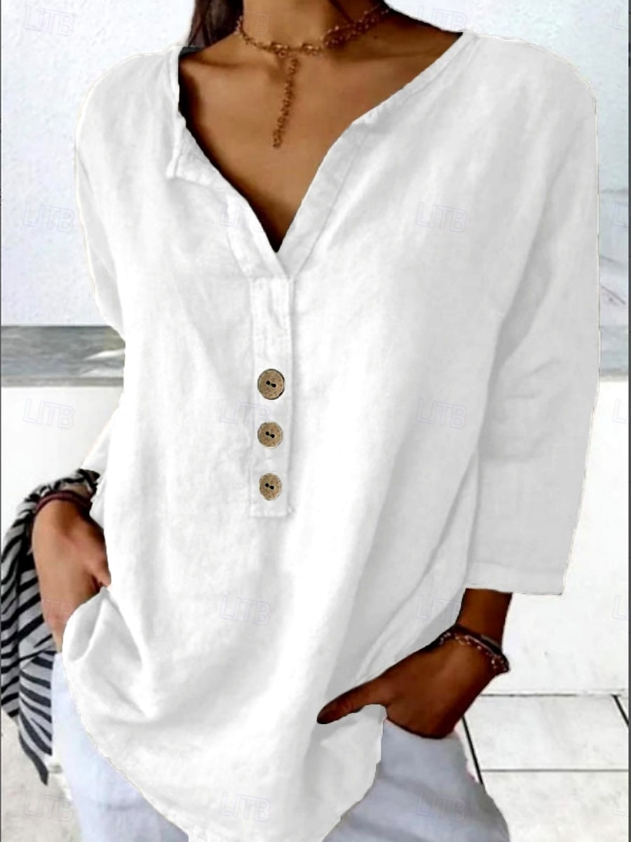 Femme Chemise Chemisier Couleur unie mode Décontractées Manches 3/4 Col Ras du Cou Hauts réguliers du quotidien Boutons Noir Blanche Rose Claire bleu marine Orange Eté Printemps de 2025 ? $29.99 –P1