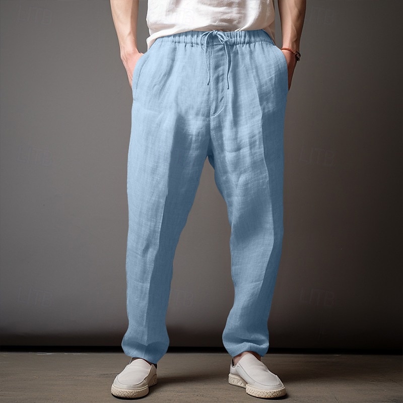 Herr Linne Byxor Långbyxor Sommarbyxor Strandbyxor Ficka Elastisk midja Snörning Slät Komfort Andningsfunktion Fullängd Utomhus Dagligen Helgdag Semester Klassisk Stil Ljus kaki Vit Microelastisk 2025 - $20.99 –P6