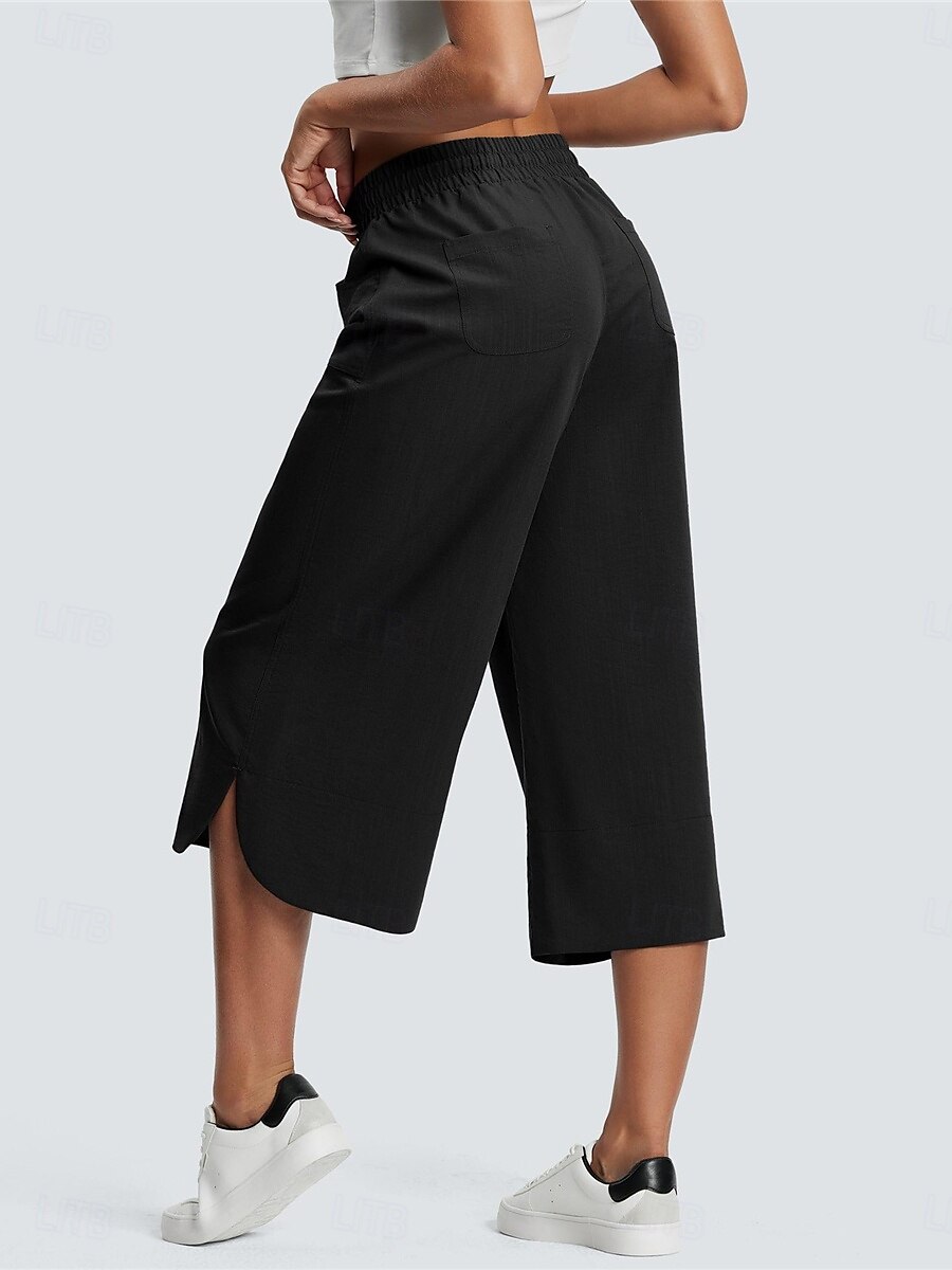 Women's Wide Leg Chinos Fashion Streetwear Calf-Length High Waist Plain Pocket Elastic Waistband Comfy Soft Comfortable Micro-elastic Outdoor Street Navy-blue Army Green Black Blue Summer Spring 2025 - $24.99 –P14