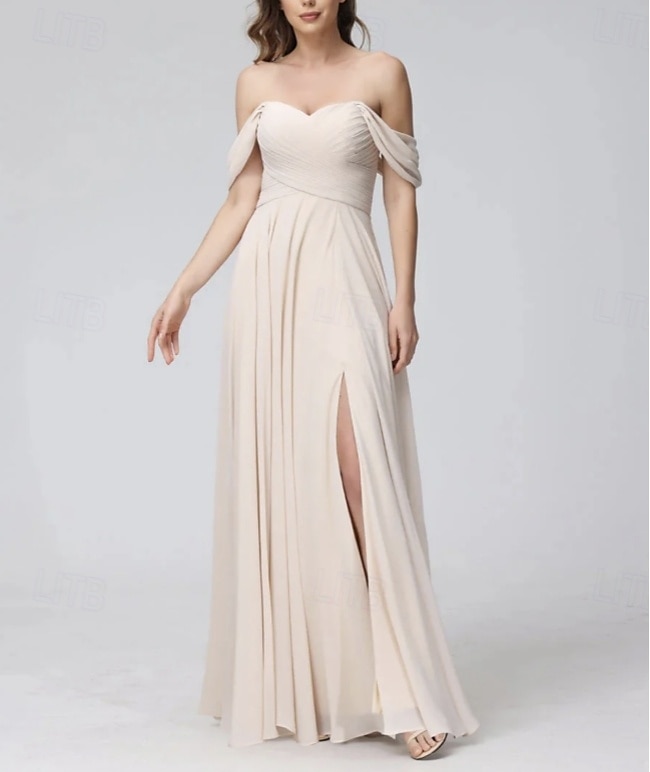 Abito da damigella A-Line scollo a cuore maniche corte elegante lunghezza a terra chiffon con spacco frontale  arricciature del 2025 a $154.99 –P1