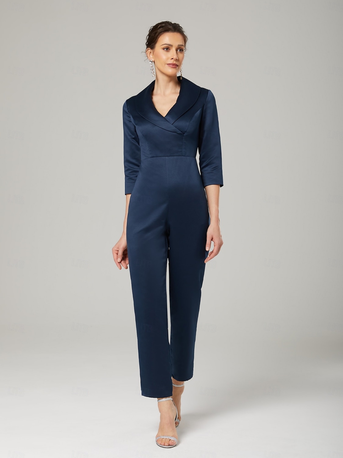 Jumpsuit / Pantsuit Mother of the Bride  Elegant Party Simple Shirt Collar Ankle Length Satin 3/4 Length Sleeve with Bow(s) 2025 - $164.99 –P5