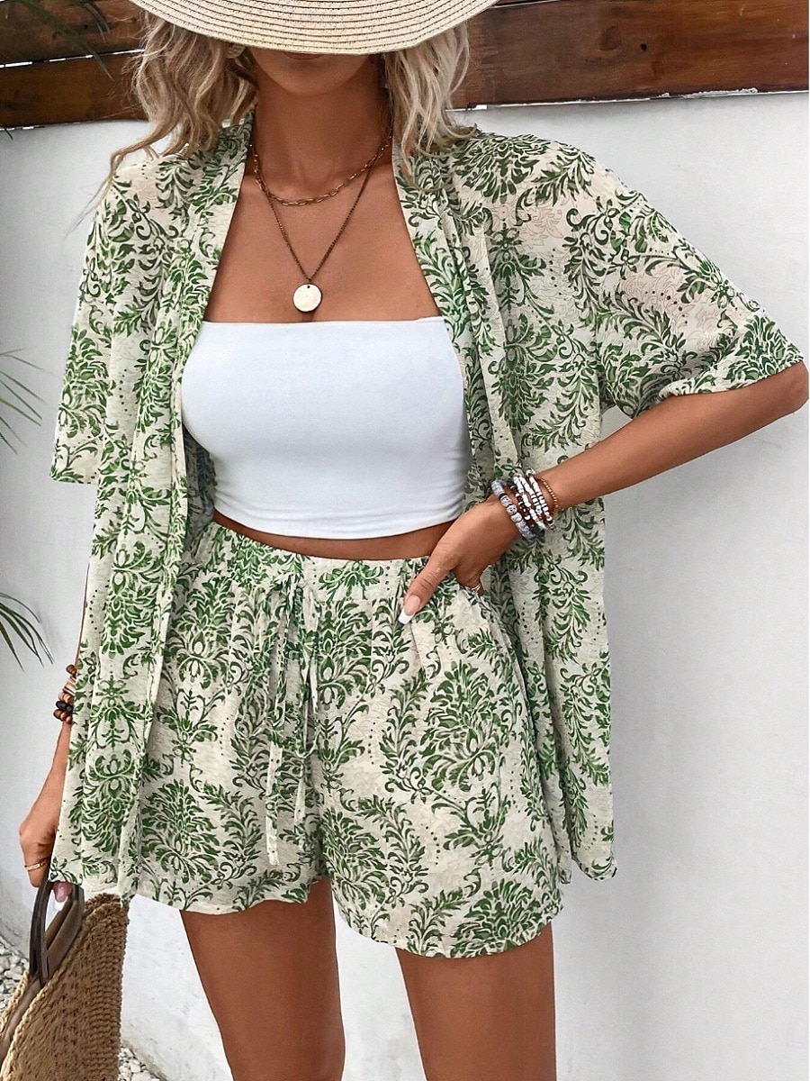 Pentru femei Elegant Modă Șic Stradă Cămașă Bluză Pantaloni scurți largi Manșon Jumate În V Grafic Imprimeu În aer liber Muncă Casual Negru Maro Trifoi Vară Fit regulat 2025 - $39.99 –P6