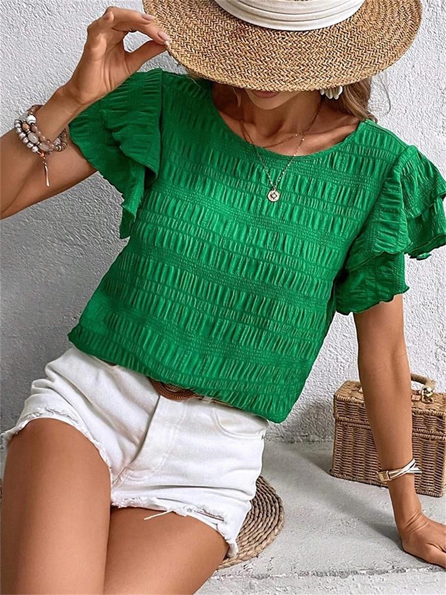 Women's Blouse Solid Color Elegant Daily Stylish Short Sleeve Crew Neck Regular Tops Daily Holiday Going out Ruffle Patchwork Sage Green Red Navy Blue Purple Green Summer Spring 2025 - $22.99 –P24