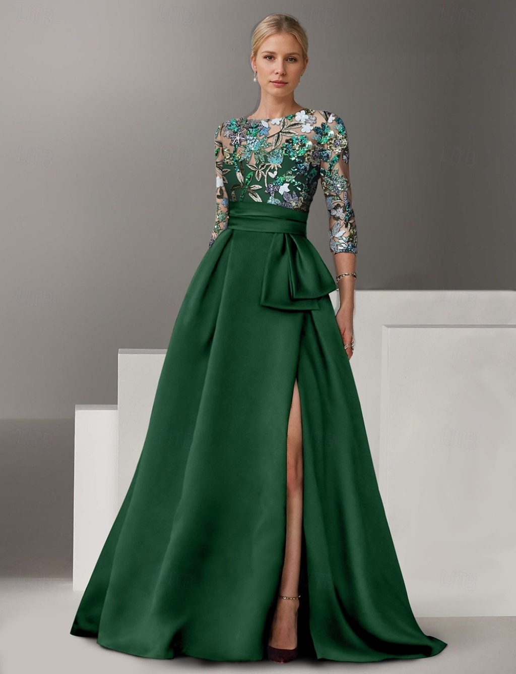 Ligne A Robe de Soirée Élégant Robe Formel Mariage Longueur au sol Demi Manches Col de chemise Satin avec Noeud(s) Fente Broderie 2025 de 2025 ? $154.99 –P1