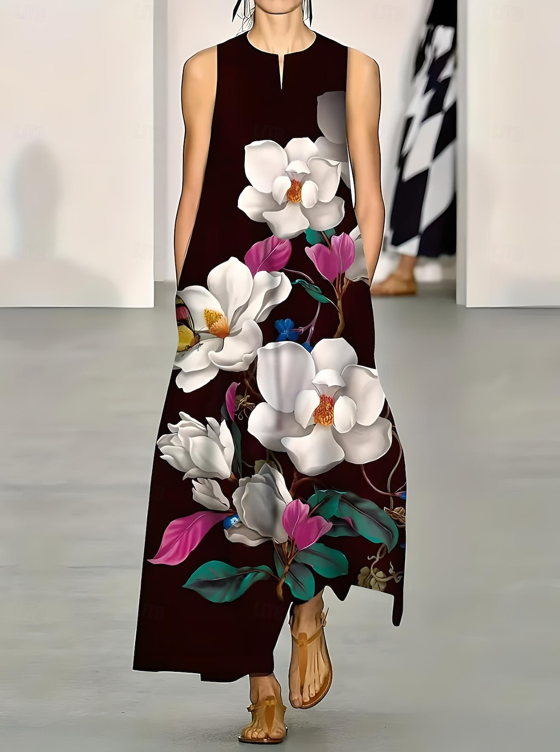 Per donna Abito maxi Vestito Canotta Elegante Vacanza Vestibilità regolare Floreale Blocco di colori Senza Maniche Collo a Spacco Nero Estate del 2025 a $36.99 –P1