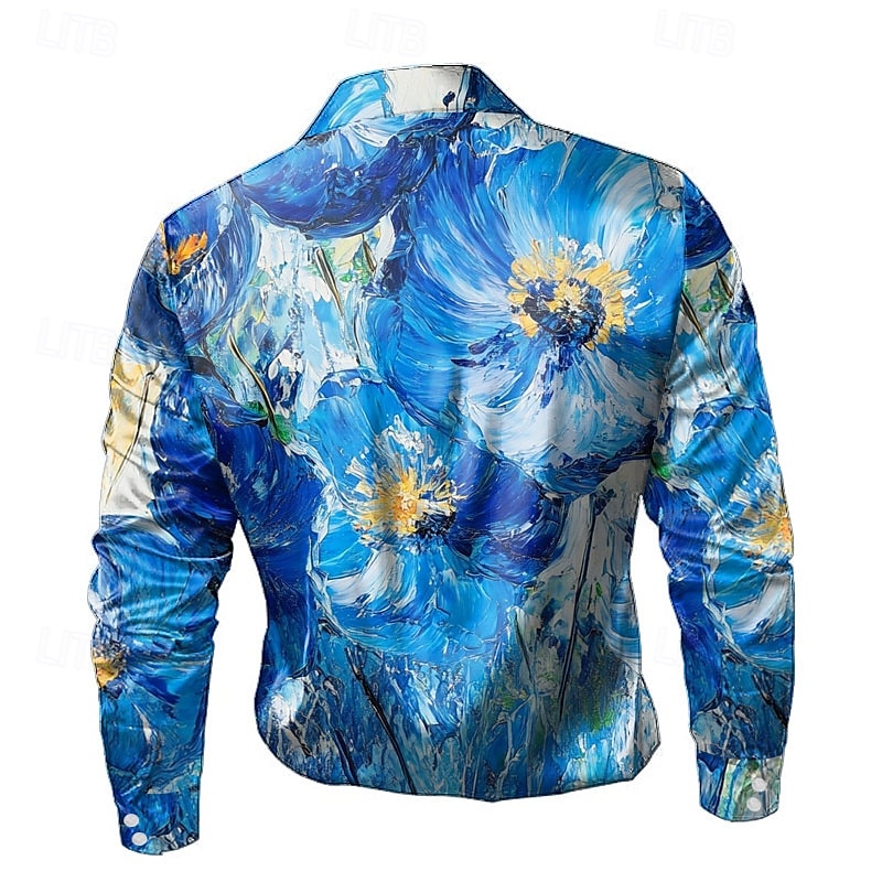Men's Floral Print Flowers Satin Shirt Dress Shirt Button Up Shirt Long Sleeve Fashion Casual Vacation Daily Evening Party Summer Spring Fall Turndown Collared Shirts 3D Print Blue 2025 - $27.99 –P2