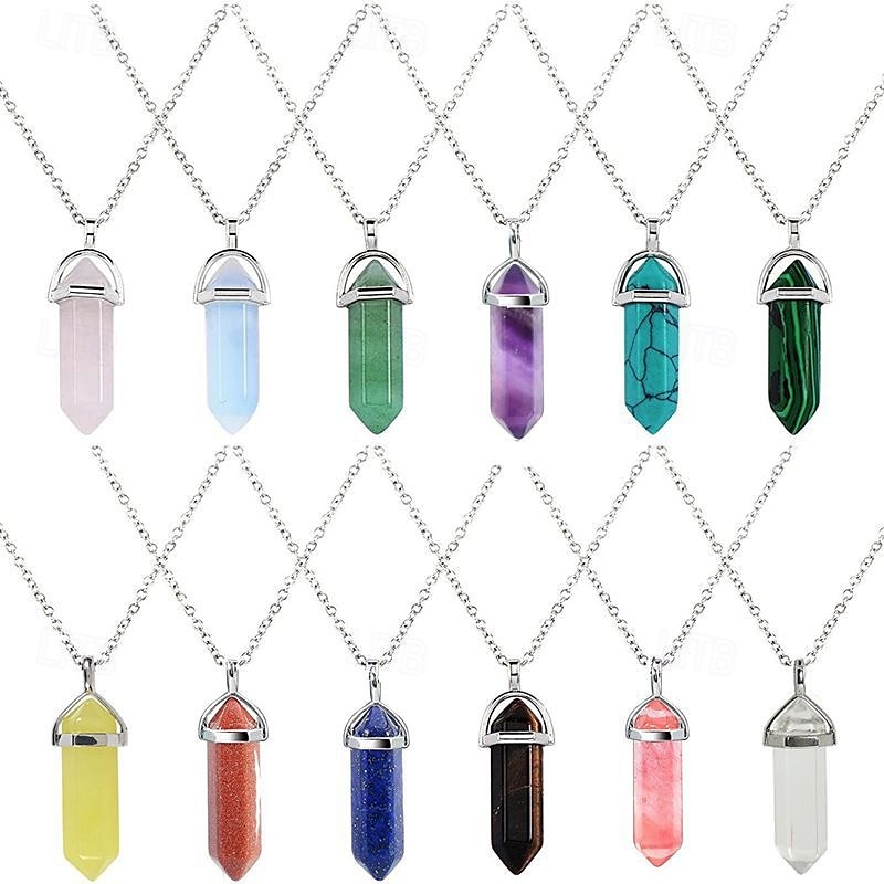 12pcs/set Natural Stone Amethyst Necklace Hexagonal Pillars Bullet Pendant Moonstone Winding Pendant Set 2025 - $24.99 –P1