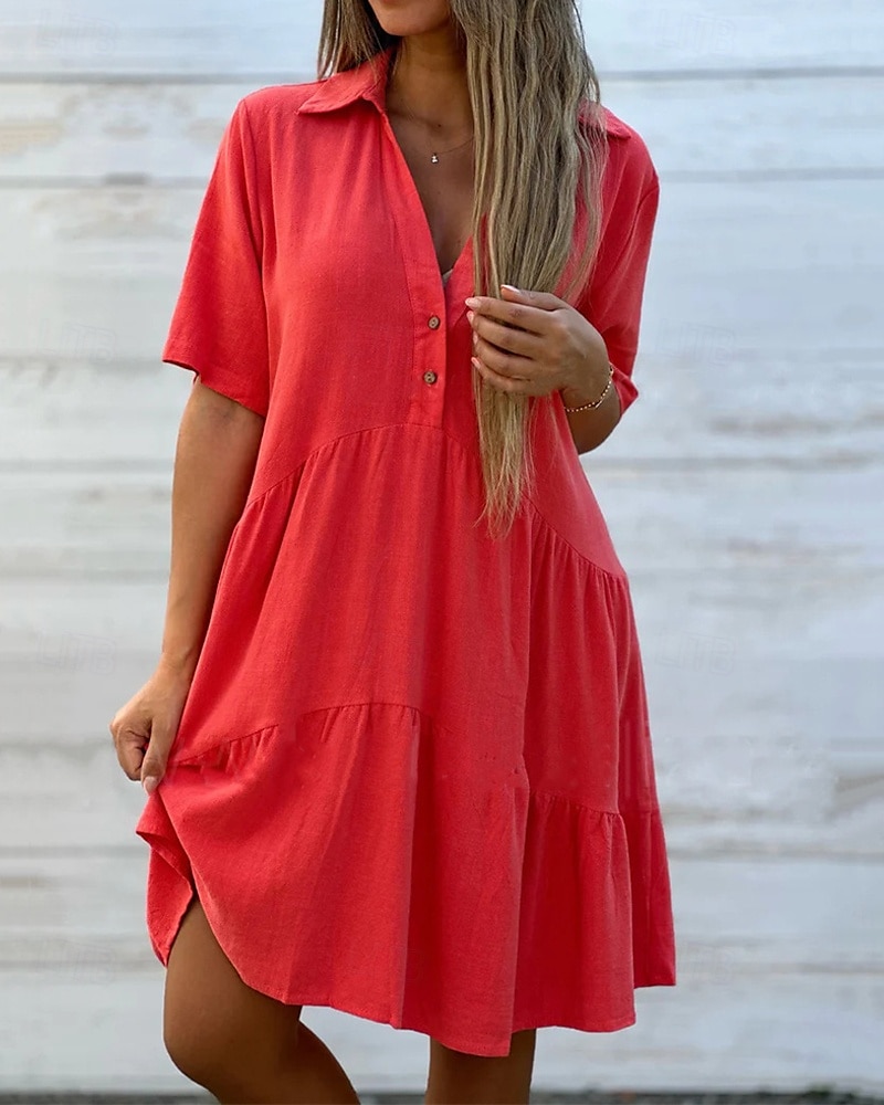 Women's Mini Dress Cotton Blend Shirt Dress Casual Dress Stylish Casual  Daily Vacation Date Regular Fit Plain Short Sleeve Lapel Yellow Pink Red  Summer 2026 - $23.99