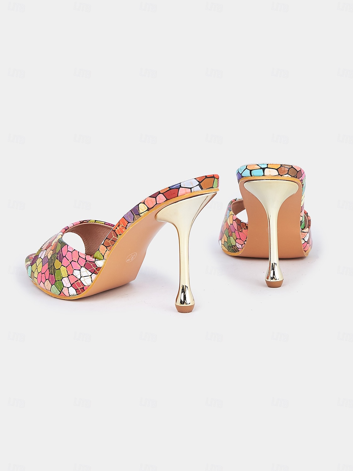 Tacones altos con estampado de mosaico multicolor para mujer: mules coloridos con tacón metálico, perfectos para eventos de moda, fiestas y ocasiones nocturnas. 2025 - $32.99 -P2