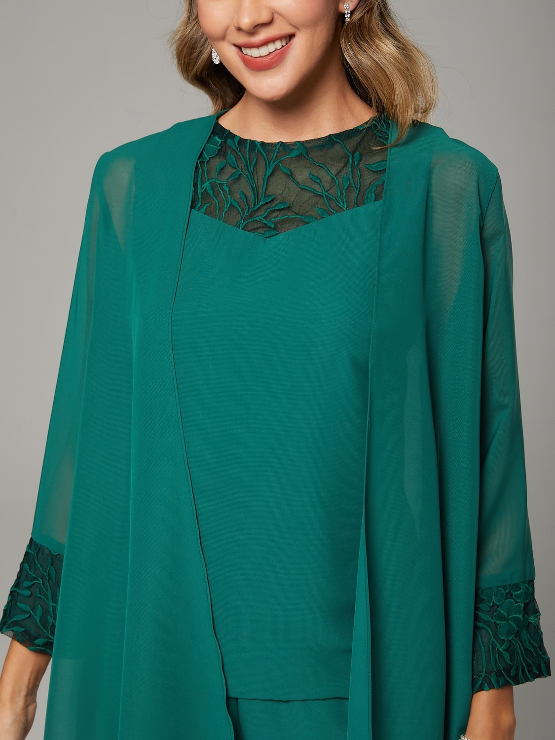 Jumpsuit / Pantsuit Mother of the Bride  Wrap Included Jewel Neck Floor Length Chiffon Lace 3/4 Length Sleeve with Beading 2025 - $176.99 –P7