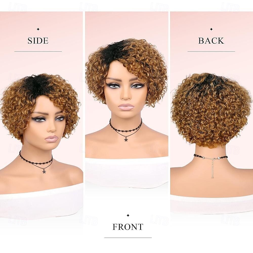 Fancy Hair Short Curly Human Hair Wigs Pixie Cut Kinky Curly Wig Honey Blonde With Dark Roots Side Part Deep Curly No Lace Front Brazilian Remy Human Hair Wig for Black Women Daily Use 2025 - $74.99 –P6