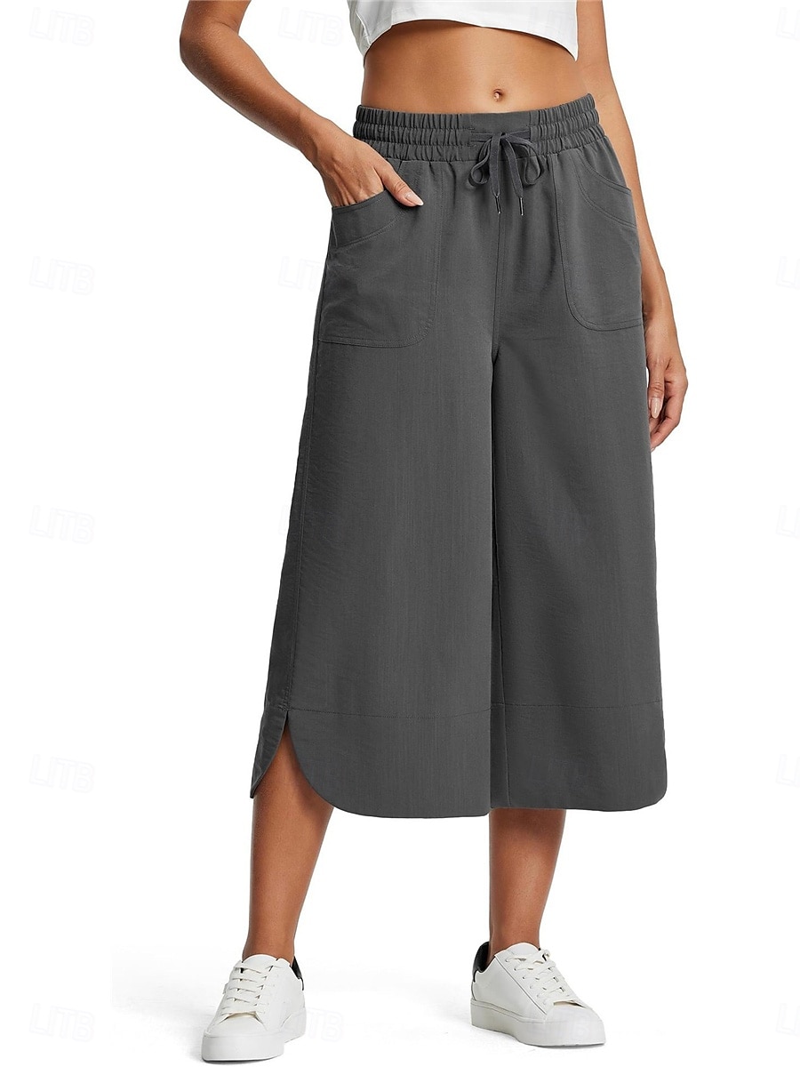 Women's Wide Leg Chinos Fashion Streetwear Calf-Length High Waist Plain Pocket Elastic Waistband Comfy Soft Comfortable Micro-elastic Outdoor Street Navy-blue Army Green Black Blue Summer Spring 2025 - $24.99 –P9