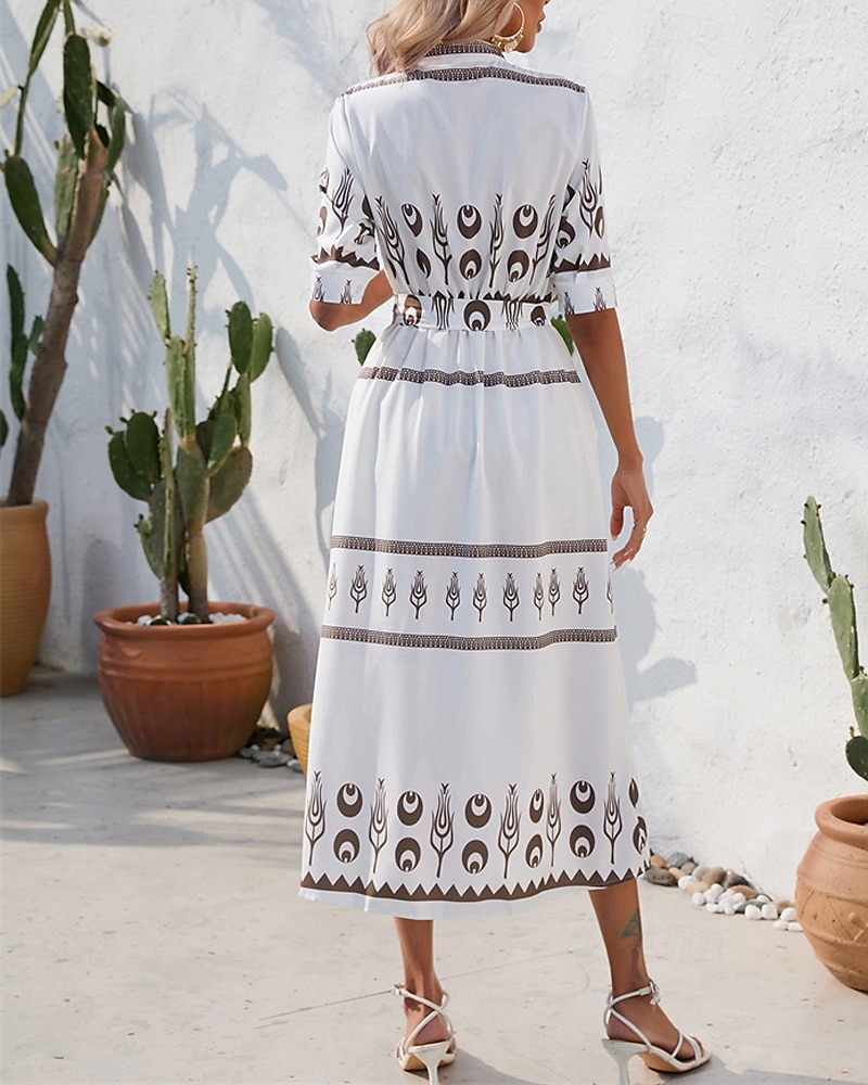 Pentru femei Rochie Lunga Rochie Maxi Rochie casual Rochie de vară Rochie Boho Modă În aer liber Concediu Dată Fit regulat Vopsire Lungime Manșon 3/4 Guler Cămașă Negru Alb Trifoi Vară Primăvară 2025 - $26.99 –P8