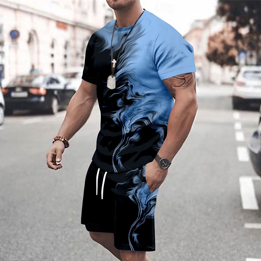 Men's splatter 2pcs Tees sets Summer Tops Short Sleeve Short Pants Crew Neck Sport Casual Outdoor Vacation Sport 3D Print Summer Robin's Egg Blue White Green 2025 - $25.99 –P2